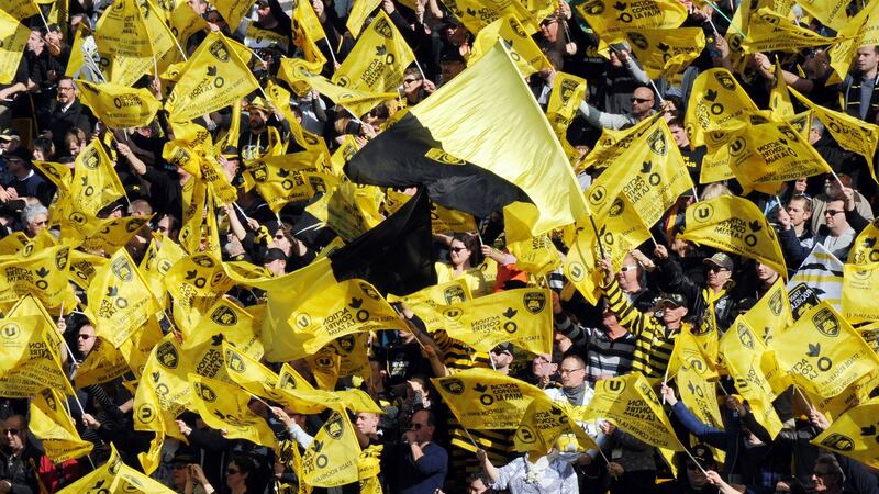 La Rochelle’s supporters cheer as they wave flags during a French Top 14  match against  Stade Francais at the Stade  Marcel Deflandre. Photograph:  Xavier Leoty/AFP via Getty Images