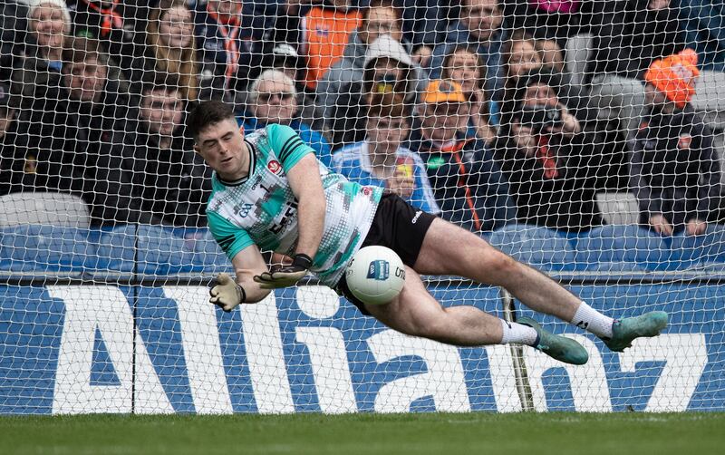 Derry's Odhran Lynch saves a penalty in the shootout. Photograph: Leah Scholes/Inpho