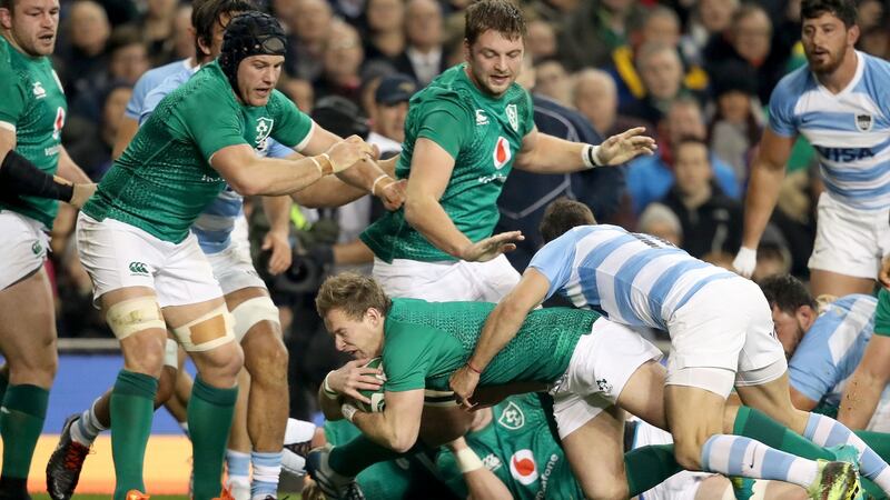Ireland’s Kieran Marmion gets over for the game’s opening try in the autumn international against Argentina at the Aviva stadium. Photograph: James Crombie/Inpho