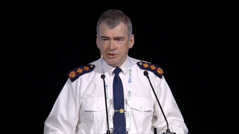 Garda Commissioner Drew Harris speaking at the World Police Summit in Dubai