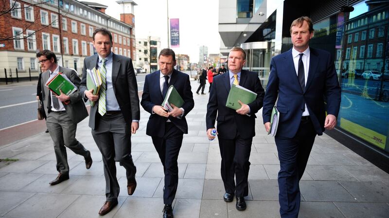 Fianna Fáil TDs Charlie McConalogue, Barry Cowen, Michael McGrath and Jim O’Callaghan leaving talks on government formation in Trinity College Dublin. Photograph: Aidan Crawley