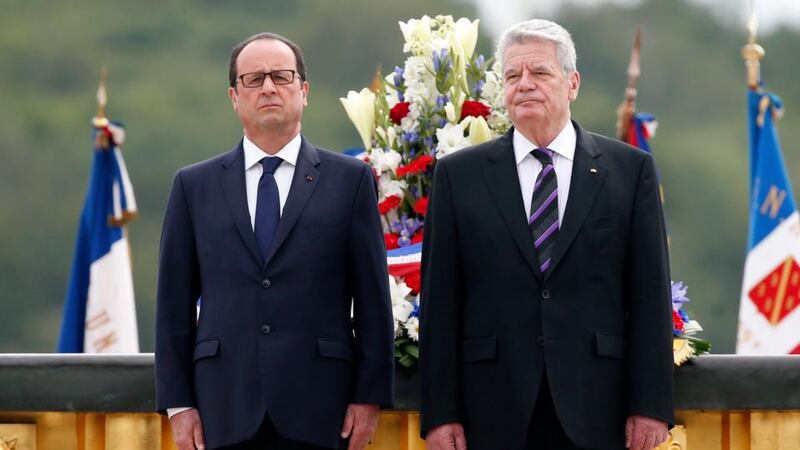 French president Francois Hollande and German president Joachim Gauck at the National Monument of Hartmannswillerkopf, in Wattwiller, France. Photograph: Christophe Keraba/EPA