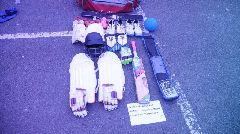 Cricket equipment is placed on display after being recovered by gardaí.