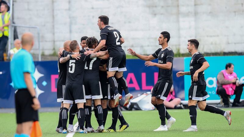 Qarabag celebrate their early opener at Oriel Park. Photograph: Ryan Byrne/Inpho