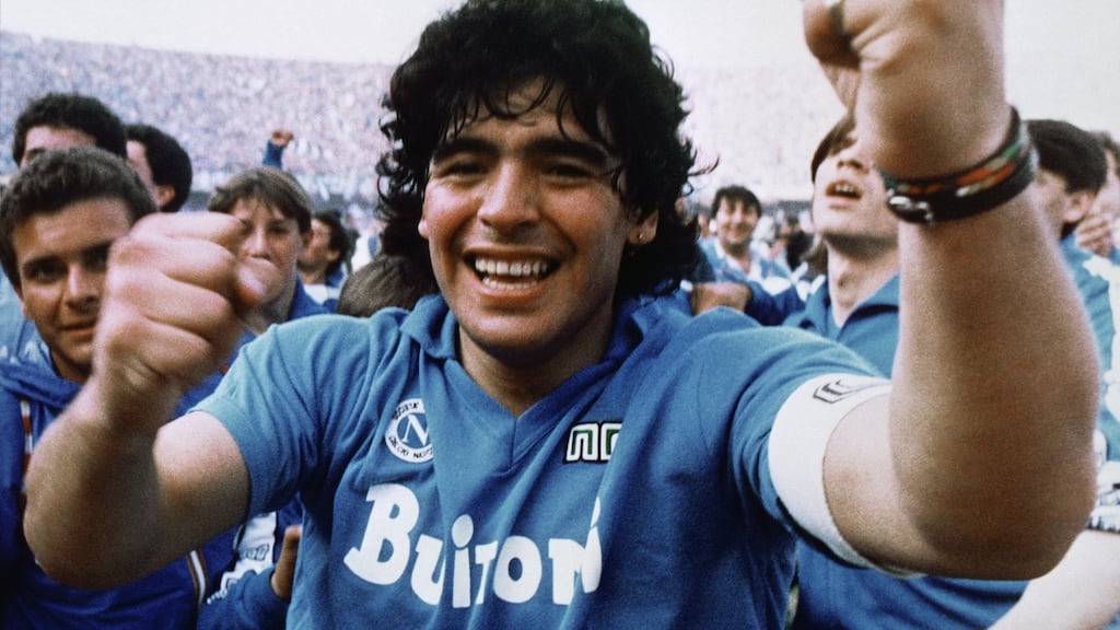 Argentine soccer superstar Diego Maradona after the Napoli team clinches its first Italian major league title in Naples in 1987. Photograph: Meazza Sambucetti/AP