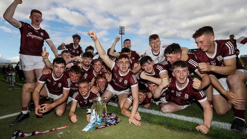 Galway celebrate after beating Kilkenny to win the 2020 All-Ireland Minor Hurling Championship Final against Kilkenny at MW Hire O’Moore Park in Portlaoise. Photograph: Lorraine O’Sullivan/Inpho