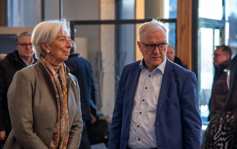 ECB president Christine Lagarde and governor of the Bank of Finland Olli Rehn attend the non-monetary policy meeting of the European Central Bank Governing Council in Inari, Finnish Lapland last week. Photograph: Tarmo Lehtosalo/AFP