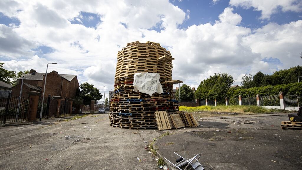 A controversial loyalist bonfire built at the interface in north Belfast dividing loyalist Tiger’s Bay and nationalist New Lodge. Photograph: Liam McBurney/PA Wire