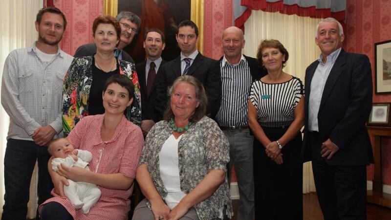 Decendants of Daniel O’Connell (front, from left) six-week-old Robyn O’Connell Gilligan, her mother Petria and grandmother Emily O’Connell Lenehan are joined by (back, from left) Rich Gilligan, Mary O’Connor, Prof Maurice Bric, Adrian Corcoran, Chris O’Neill, James O’Shea, Philomena O’Connor and George Moir at the Daniel O’Connell summer school. Photograph: AJL Photo. Three generations Daniel O’Connell’s descendants seated front l-r; 6 week old Robyn O’Connell Gilligan, Mum Petria, Grandmoter Emily O’Connell Lenehan, back l-r; Rich Gilligan, Mary O’Connor, Professor Maurice Bric UCD, Adrian Corcoran OPW, Chris O’Neill OPW, James O’Shea OPW, Philomena O’Connor(Derrynane House Head Guide) OPW and George Moir Director of Natural & Historic Properties OPW. Photo AJLPhoto.