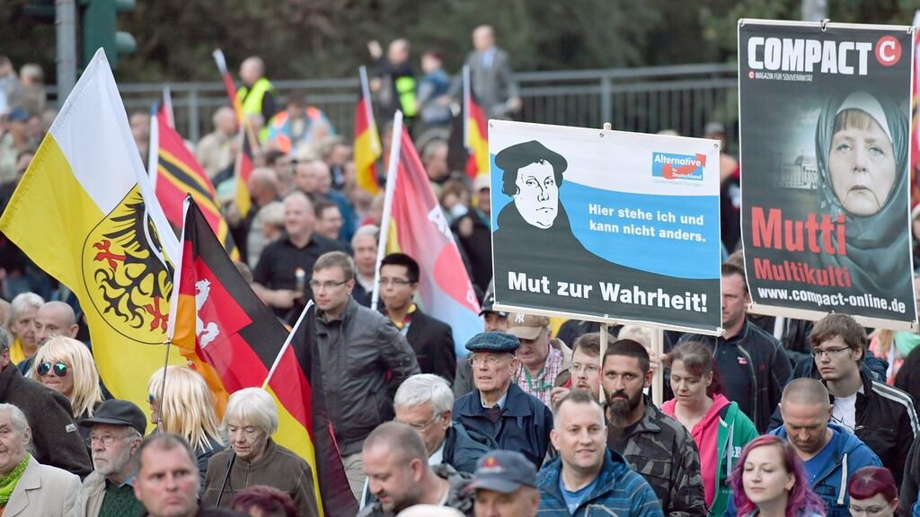 Participants march with banners and placards during an Alternative für Deutschland party rally in Erfurt, Germany this week. Photograph: Martin Schutt/EPA
