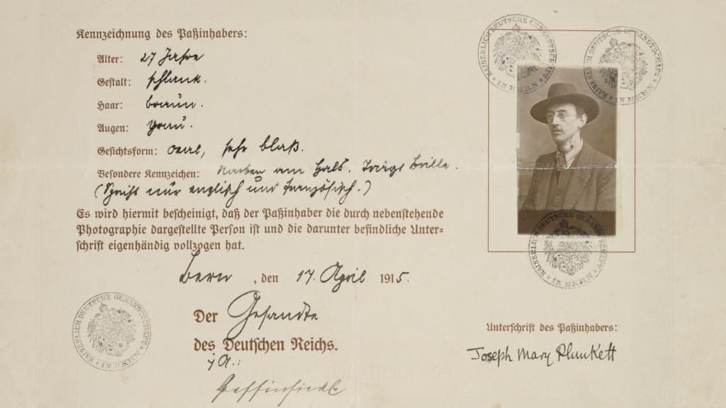 Joseph Mary Plunkett: his German passport shows him almost skeletal, with a clear lump on his neck. Photograph courtesy National Library of Ireland