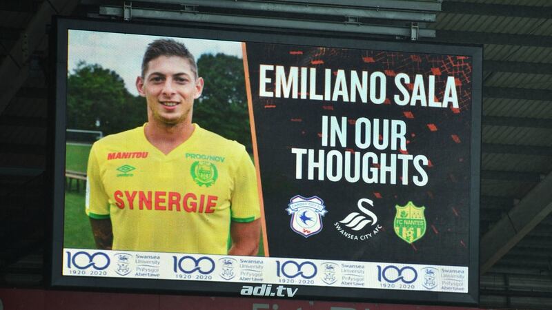 Tribute to Cardiff City striker Emiliano Sala shown on the big screen during the FA Cup fourth round match at the Liberty Stadium, Swansea. Photograph:  Simon Galloway/PA Wire