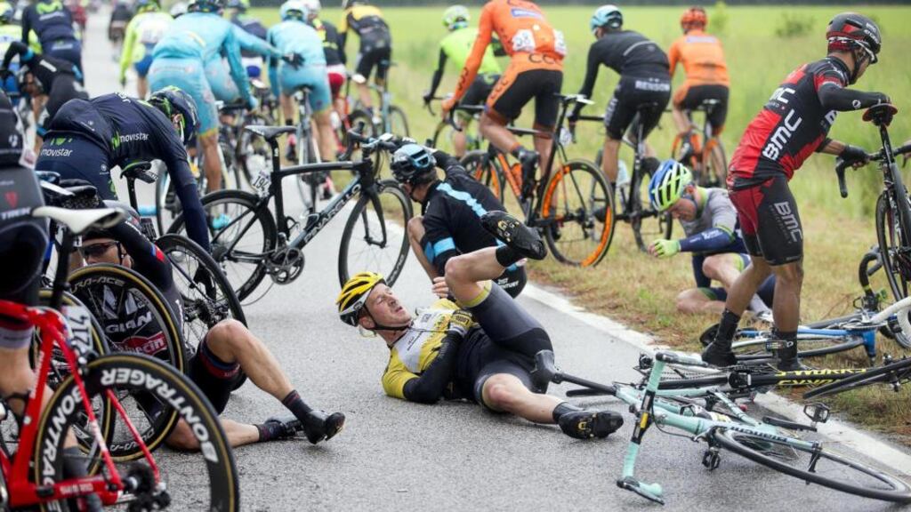No Grand Tour has ever been won without some tale of hardship – Dutch rider Rick Flens of Team LottoNL-Jumbo after crashing during the 13th stage of the 98th Giro d’Italia yesterday. Photograph: Claudio Peri/EPA