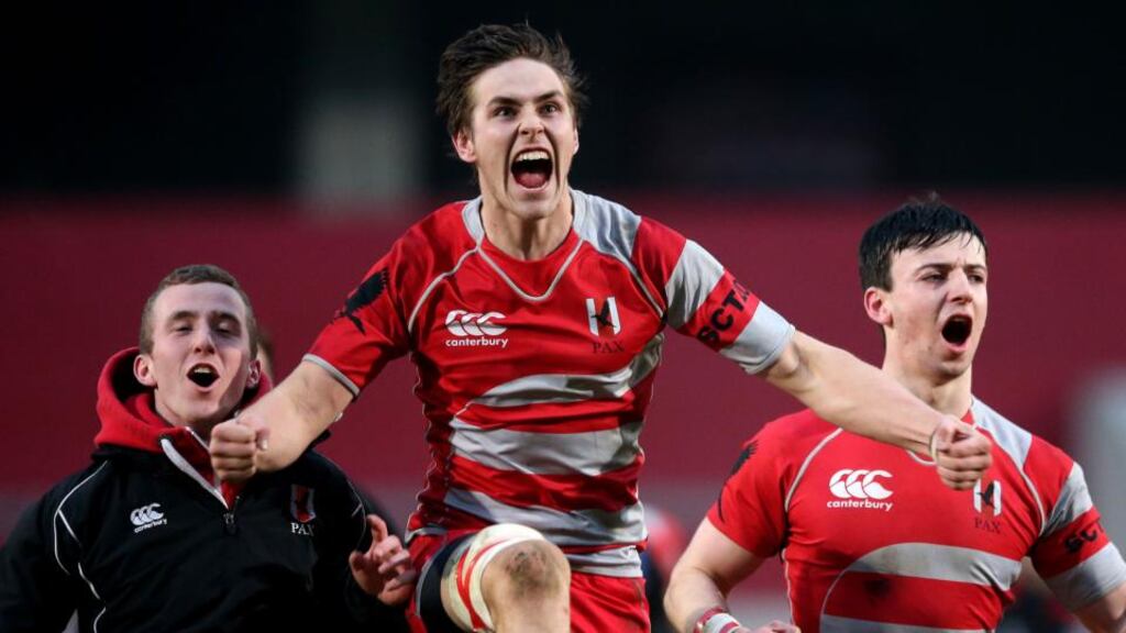 Glenstal Abbey players celebrate after their win over Crescent Comprehensive at Thomond Park. Photograph: James Crombie / Inpho