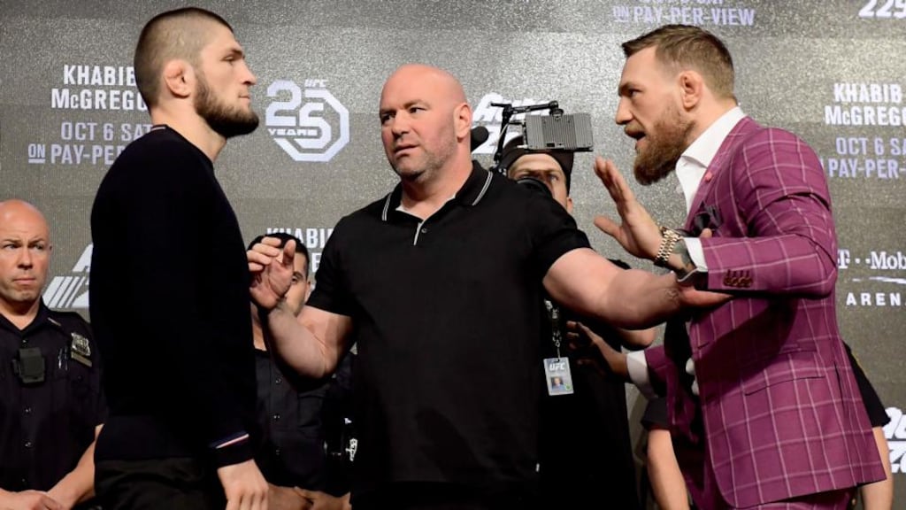 Khabib Nurmagomedov and Conor McGregor during their UFC press conference at Radio City Music Hall in New York City. Photograph: Steven Ryan/Getty Images