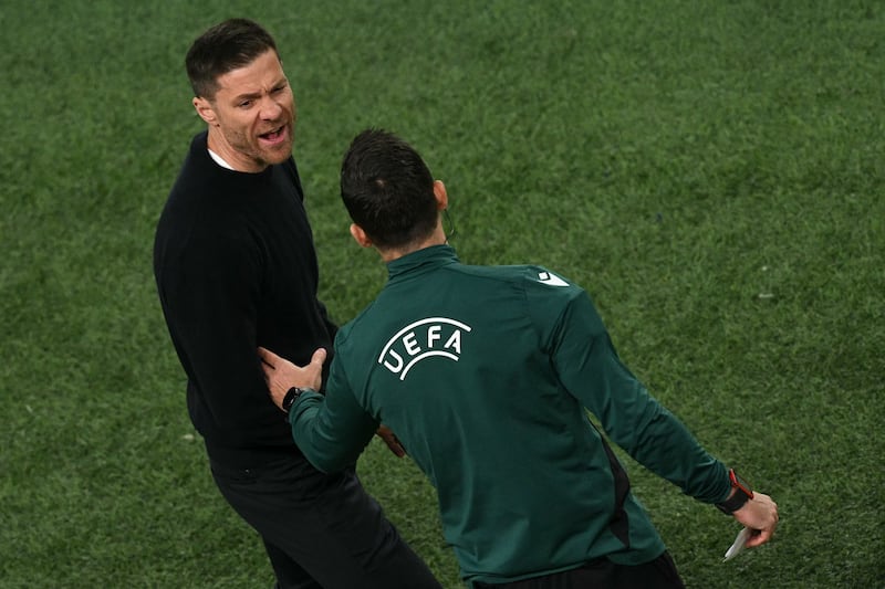 Bayer Leverkusen's head coach Xabi Alonso gives out to the officials during the Europa League final at the Aviva Stadium. Photograph: Oli Scarff/AFP via Getty Images