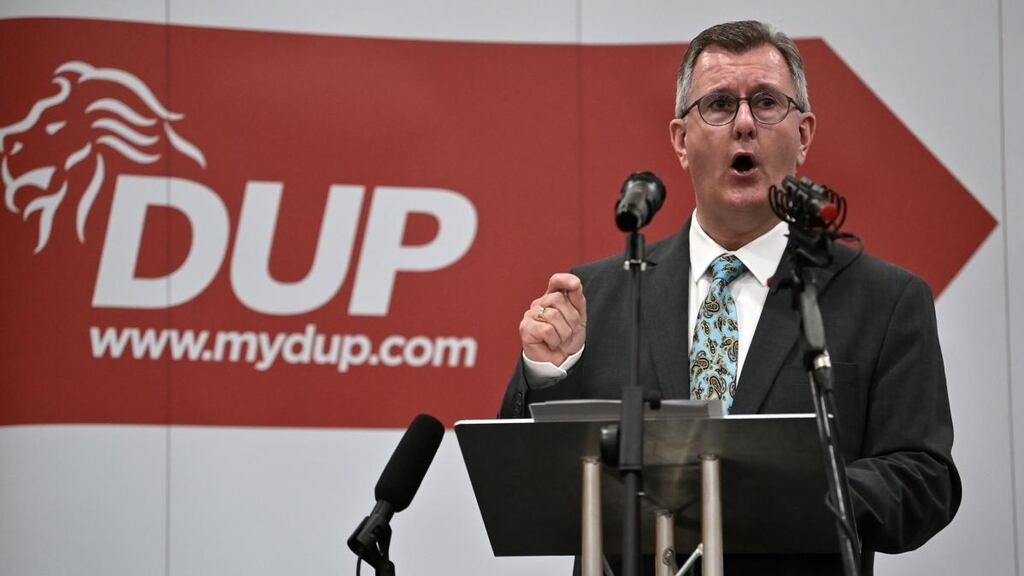 DUP leader Jeffrey Donaldson speaking at the La Mon House Hotel in Belfast on Thursday. Photograph: Charles McQuillan/Getty Images
