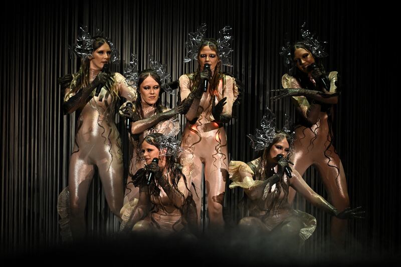 Tautumeitas representing Latvia with the song "Bur Man Laimi". Photograph: Fabrice Coffrini/AFP/Getty