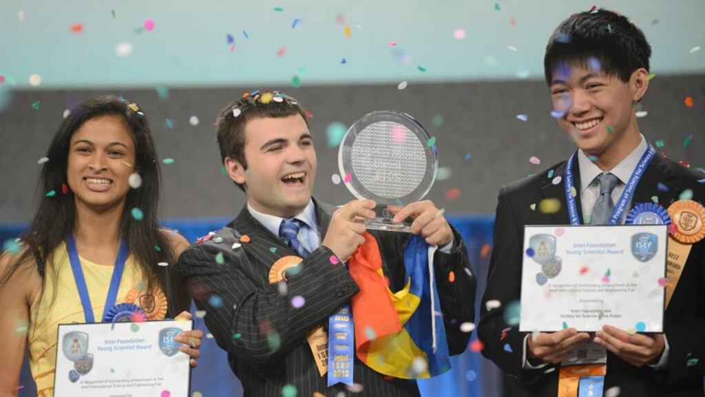Intel International Science and Engineering Fair winners Eesha Khare, Ionut Alexandru Budisteanu and Henry Wanjune.
