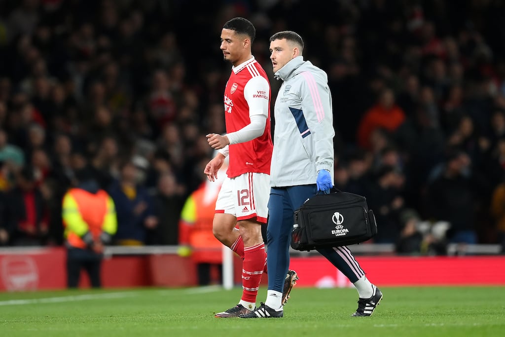 Arsenal's William Saliba leaving  the pitch after picking up an injury during the Europa League round-of-16 match against Sporting  at Emirates Stadium, London, on March 16th, 2023. Photograph: Shaun Botterill/Getty Images