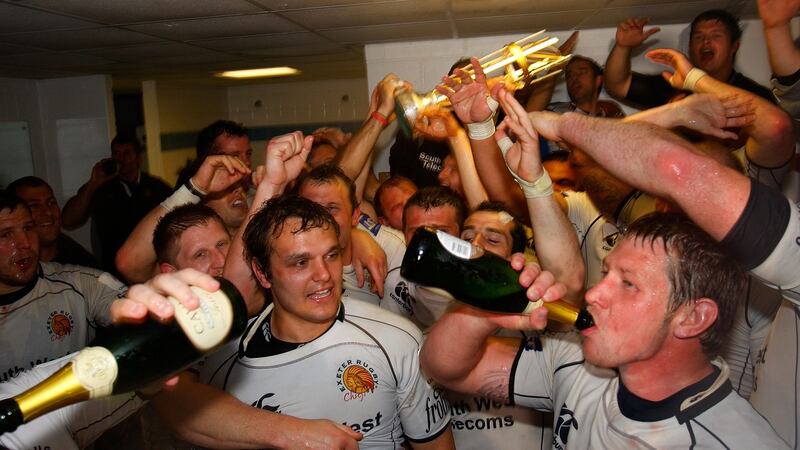 Exeter celebrate their promotion to the Premiership in 2010. Photograph: Stu Forster/Getty