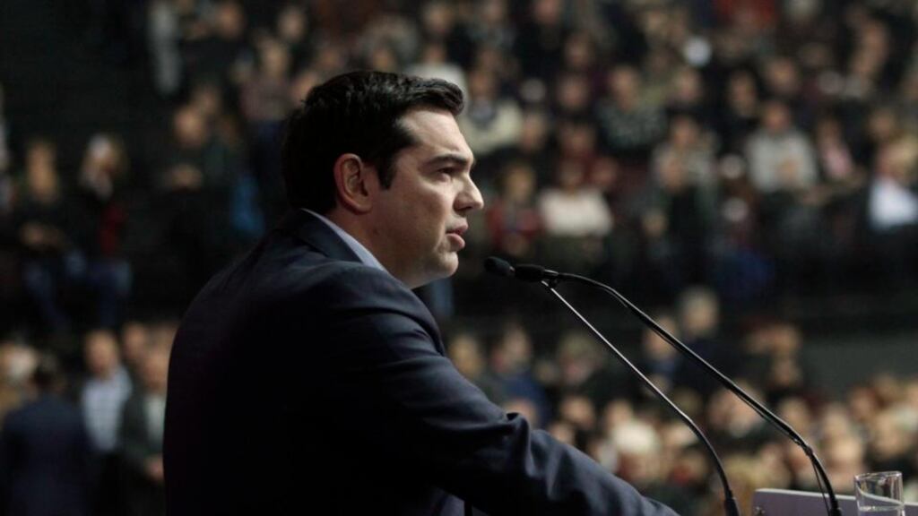 The leader of the main opposition leftist party Syriza, Alexis Tsipras, addresses supporters during a pre-election rally in Athens, at the weekend Greece. Photograph: Orestis Panagiotou/EPA