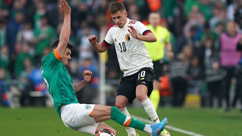 Ireland defender John Egan challenges Belgium’s Thorgan Hazard during the friendly international at the Aviva Stadium. Photograph: Brian Lawless/PA Wire