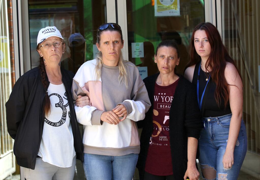 Cathy Ellis, Trisha Martin (partner of John Lawless), her sister Denise Martin and niece Lauren Cushion pictured on Thursday afternoon at Dublin Coroner's Court after the inquest into the death of John Lawless. Photograph: Gareth Chaney/Collins Photos