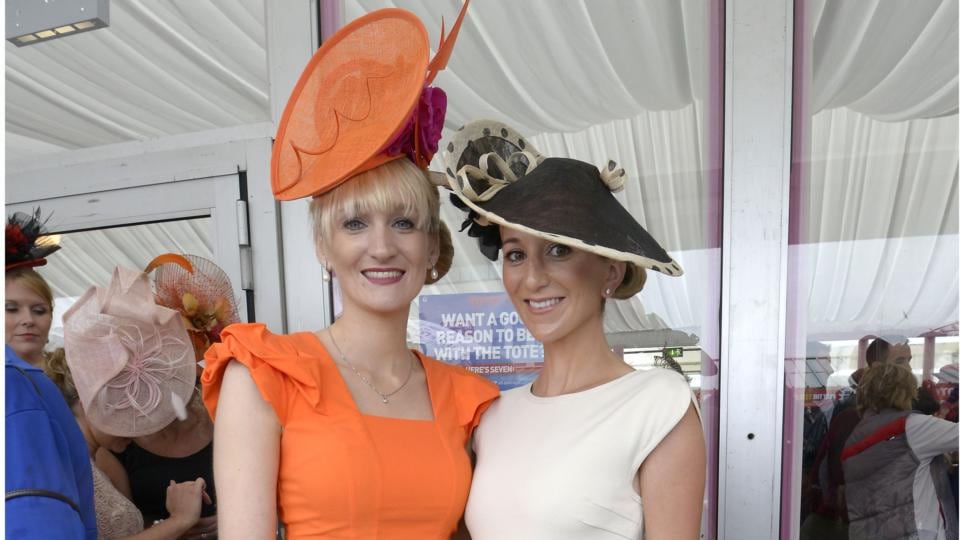 Clare Kelly Badger from Roscam, Galway and Orla Folan from Commerford, Claddagh, Galway, photographed during Ladies’ Day at the Galway races yesterday. Photograph: Brenda Fitzsimons