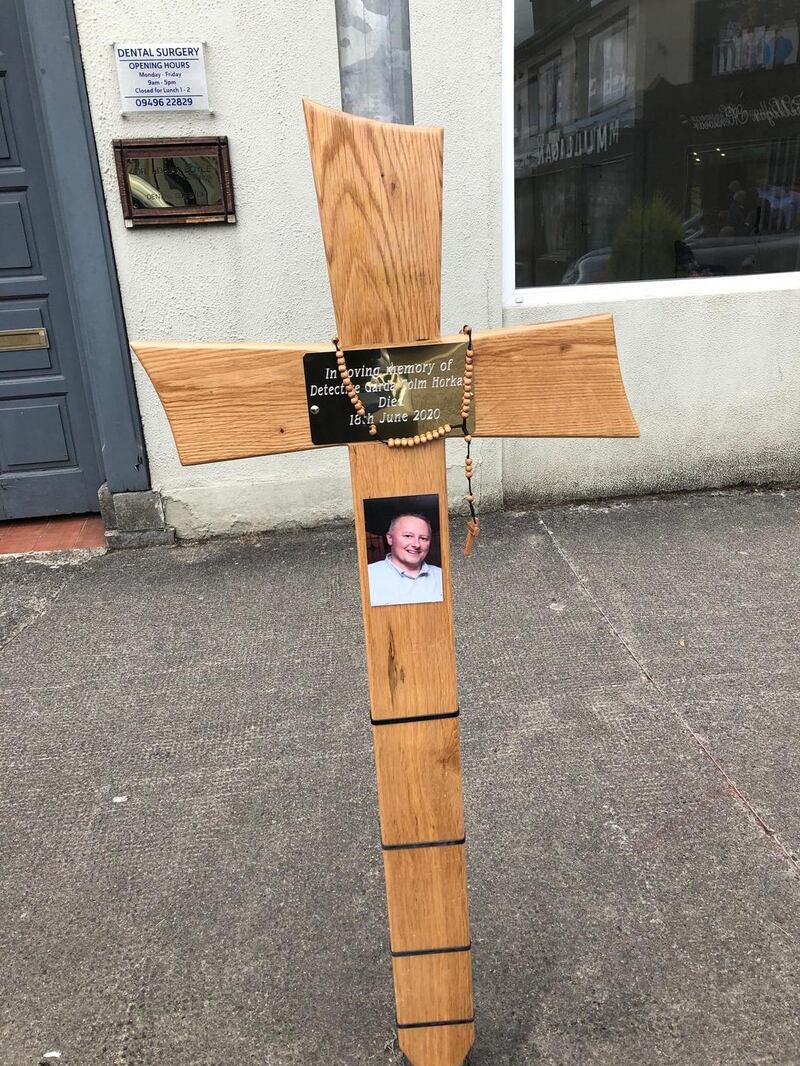 The cross which has been put in place at the spot where Colm Horkan was shot. Photograph: Conor Lally