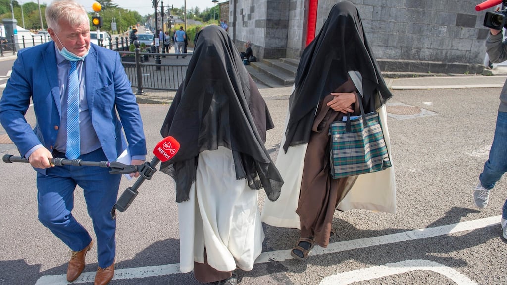 Sr Irene Gibson and Sr Annemarie Loeman, Carmelite Sisters of the Holy Face of Jesus, are pictured leaving Skibbereen District Court on Tuesday. Photograph: Michael Mac Sweeney/Cork Courts.