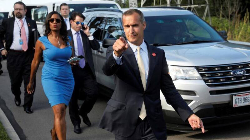 Trump campaign: Corey Lewandowski with former White House staff Sebastian Gorka, Omarosa Manigault and Anthony Scaramucci. Photograph: Jonathan Ernst/Reuters