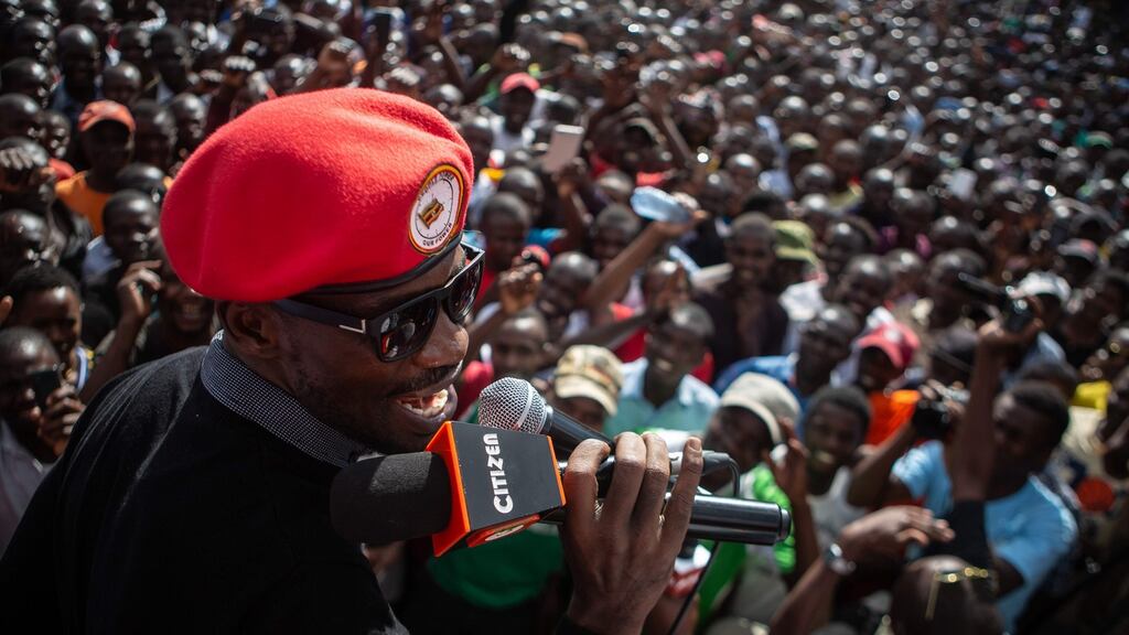 Ugandan politician Robert Kyagulanyi, better known as pop star Bobi Wine is challengeing long-standing president Yoweri Museveni’s power in a byelection. Photograph: Biko Macoins/AFP/Getty