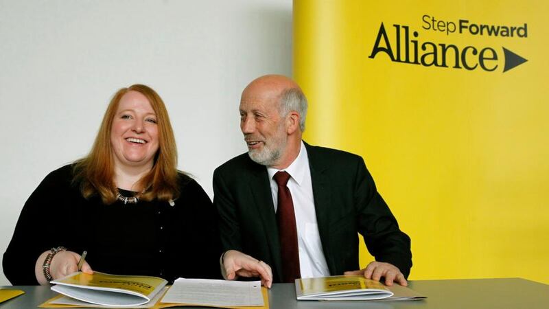 East Belfast candidate Naomi Long with Alliance leader David Ford  at the party’s manifesto launch. Photograph: Brian Lawless/PA