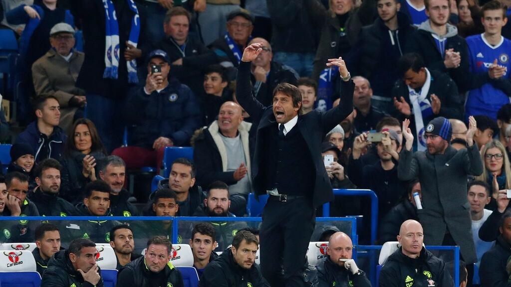 Chelsea manager Antonio Conte in typically animated form at Stamford Bridge last Sunday. Photograph: Eddie Keogh/Reuters