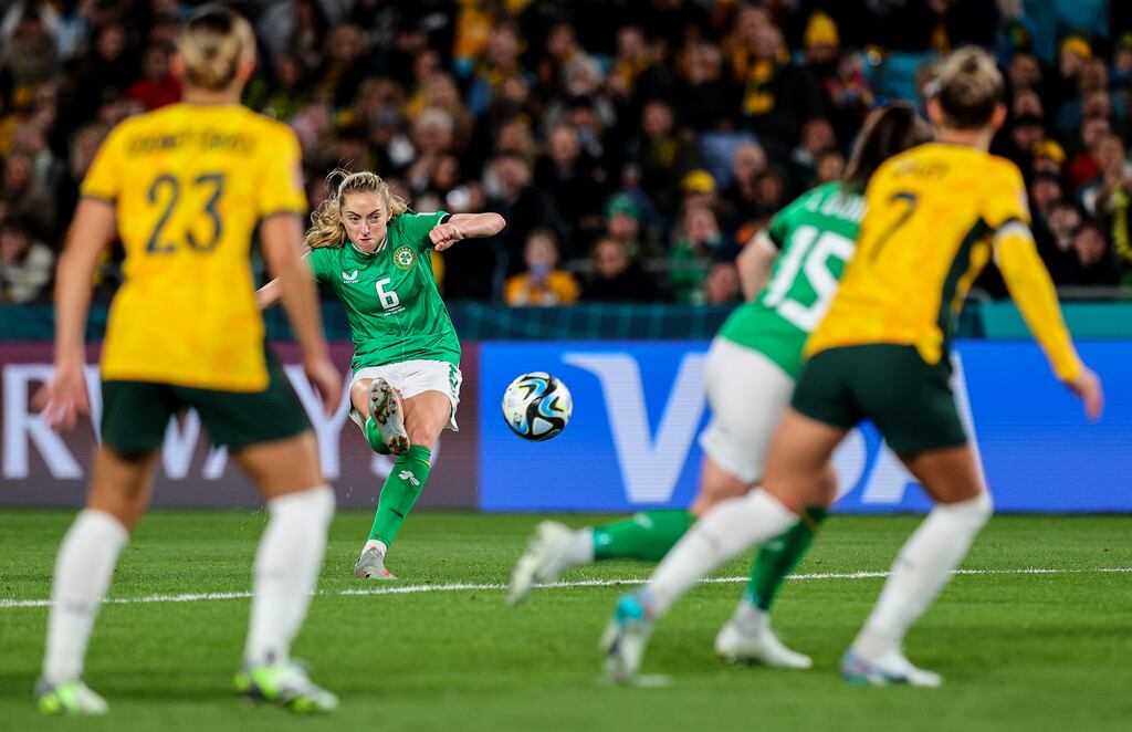 Ireland’s Megan Connolly takes a free-kick from just outside the Australian box late in the game. Photograph: Ryan Byrne/Inpho