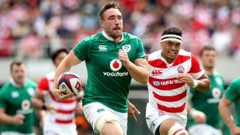 Ireland’s Jack Conan  scores the fifth try of the game against Japan during the first Test. Photograph: Ryan Byrne/Inpho