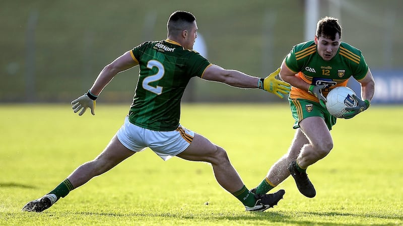 Donegal’s Jamie Brennan steps Meath’s Robin Clarke. Photograph: Tommy Grealy/Inpho