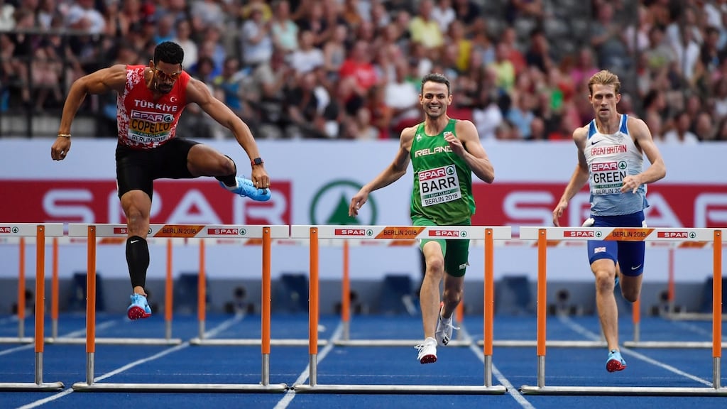 Ireland’s Thomas Barr during the men’s 400m Hurdles semi-final at the Olympic stadium in Berlin. Photograph: Getty Images