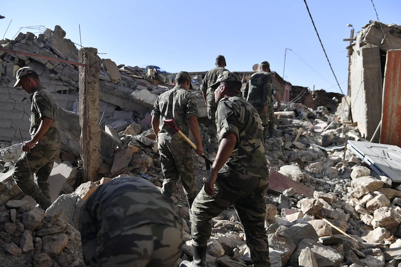 The army works to recover victims following the powerful earthquake, in Tafeghaghte, Morocco. Photograph: Jalal Morchidi/EPA