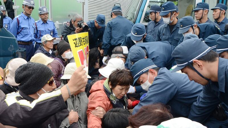 The Japanese government resumed work on the Okinawa island base on February 6th, sparking angry protests and scuffles with police. Photograph: Jiji Press/AFP/Getty Images