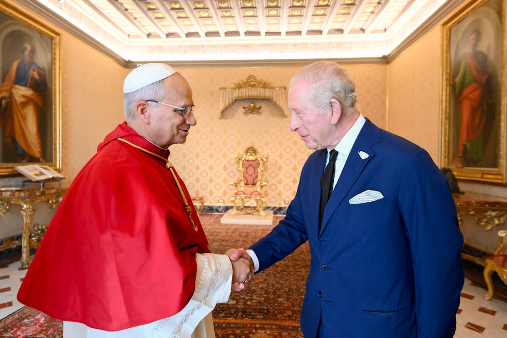 Pope Leo greets King Charles at the Vatican during the British monarch's state visit to the Holy See in October. Photograph: Vatican Media/PA