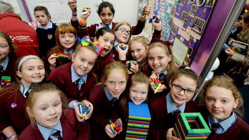 Children from St Brigid’s GNS, Killester, with their project Can a Skyscraper Fall for a Tremor? Photograph: Alan Betson