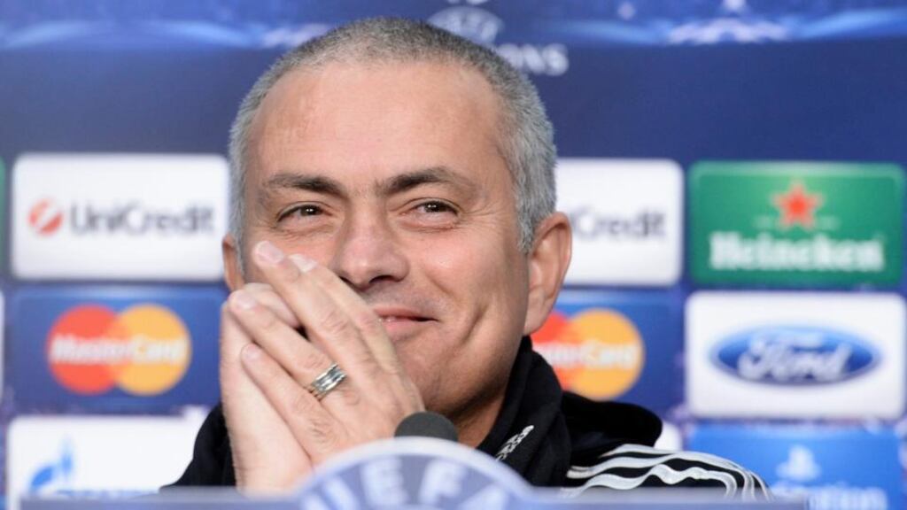 Chelsea head coach Jose Mourinho smiles during a press conference at the St Jakob-Park stadium in Basel ahead of the Champions League Group E match. Photograph: Georgios Kefalas/AP/Keystone
