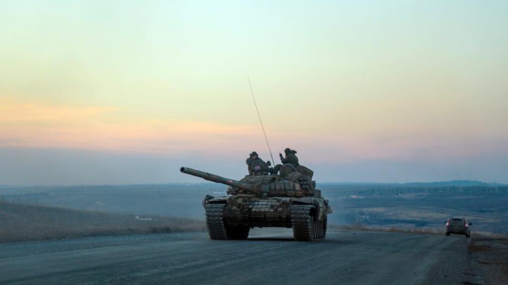 A tank of pro-Russian separatists on the road from Donetsk to Novoazovsk, Mariupol district, in Ukraine on Tuesday. A ceasefire deal for the country is in limbo after international talks only highlighted disagreement over the plan. Photograph: Andrey Borodulin/AFP/Getty Images