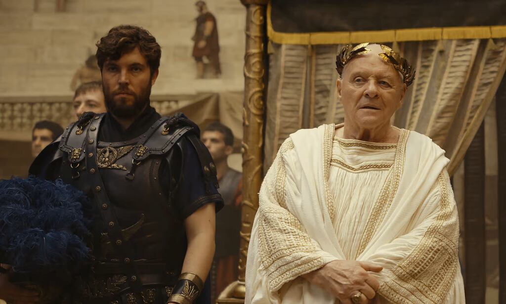 Tom Hughes as Titus and Anthony Hopkins as Emperor Vespasian in Those About to Die. Photograph: Prime Video