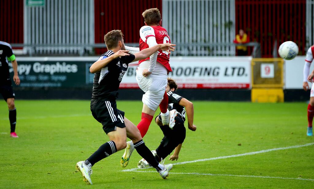 Chris Forrester scores St Patrick's Athletic's equaliser during the Uefa Conference League second qualifying round, first leg against NS Mura at Richmond Park. Photograph: Ryan Byrne/Inpho