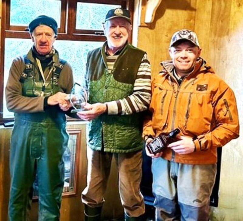 Stewart McGrane (left) and Steven Byrne (right), winners of get-together at the Annamoe Trout Fisheries with owner Brian Nally
