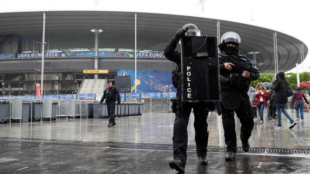 Members of the Raid special intervention unit of the French police take part in a terrorist attack mock exercise near the Stade de France in Paris on Monday. Photograph: Kenzo Tribouillard/AFP/Getty Images