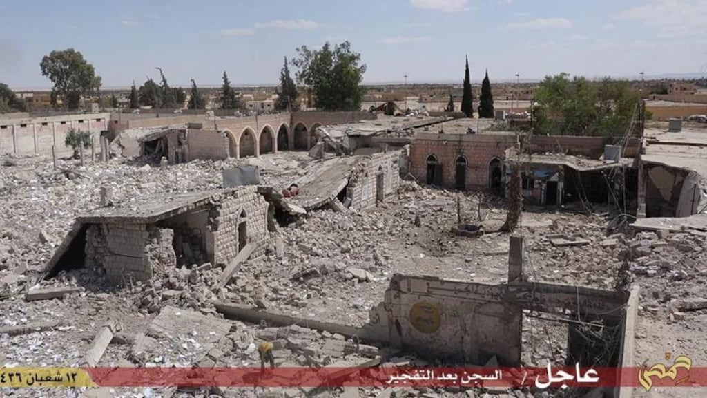 An unverified image made available by jihadist media outlet Welayat Homs allegedly shows the notorious prison in the Syrian city of Palmyra after it was blown up by Islamic State on Saturday. Photograph: AFP/Getty Images